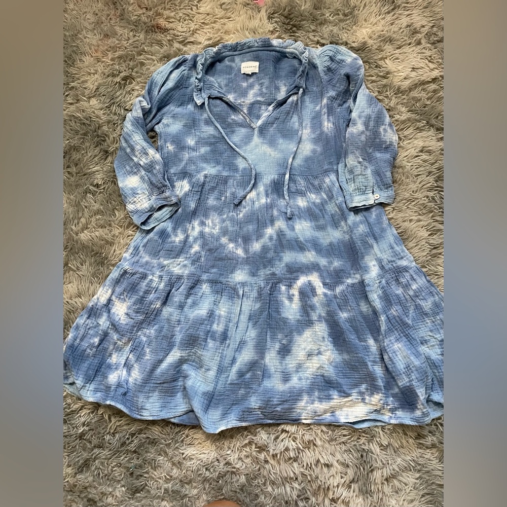 Tie-Dye Blue Midi Dress with V-Neck